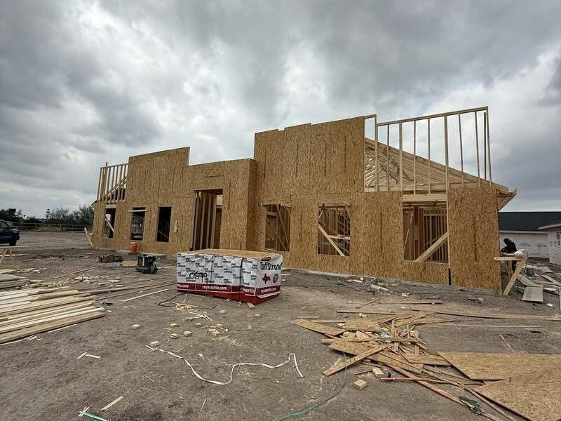 New single-family home at framing stage in the Rio Grande Valley